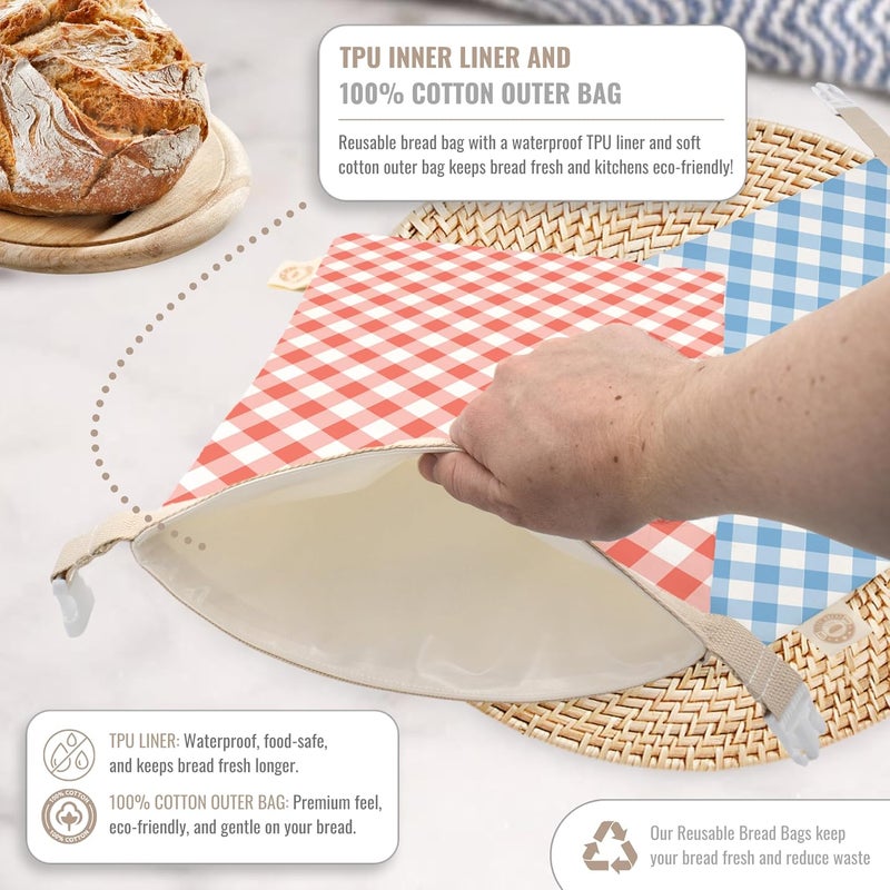 Cozy Bread ® Reusable Bread Bag Set for Home Bakers | USA Brand | Charming Designs (Gingham) - Image 2